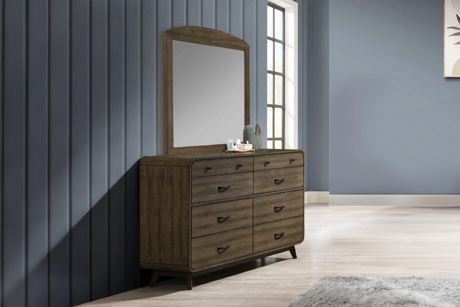Panel Bed in Walnut finish with Dresser Mirror and Nightstand